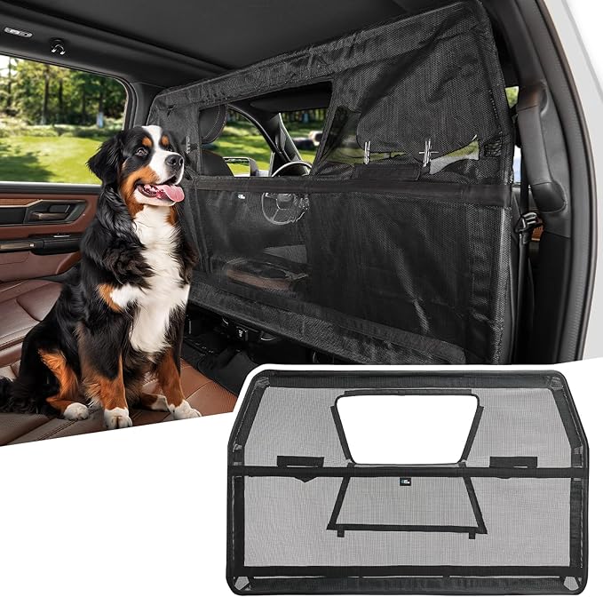 JOYTUTUS 56" Wide Dog Car Barrier with Removable Visual Window, Car Barrier for SUV Escape-Proof, Net for Behind Front Seats, Vehicle Gate for Dog Travel, Ideal for Sedans SUVs Trucks