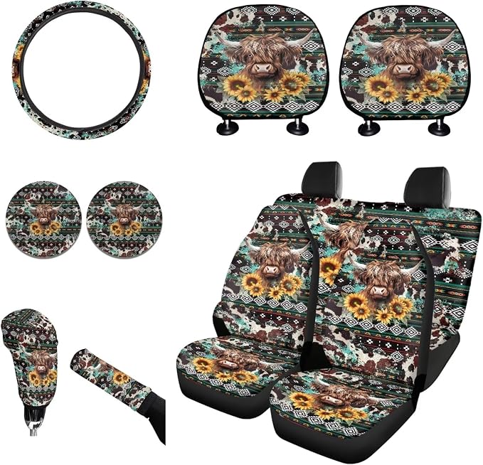Wanyint Aztec Highland Cow Sunflower Car Seat Cover Full Set Pack of 11, with Steering Wheel Cover Car Coasters Shift Knob Handbrake Protector Coasters Headrest Auto Interior Accessories Decoration