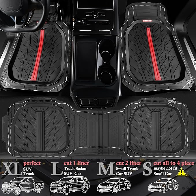 CAR PASS Tire Tread DeepDish Rubber Floor Mats for car Heavy Duty car mats All Weather, Universal XL~M Trim to Fit for Truck SUV Vehicle Automotive, Waterproof car mats 3 Piece (red Black)