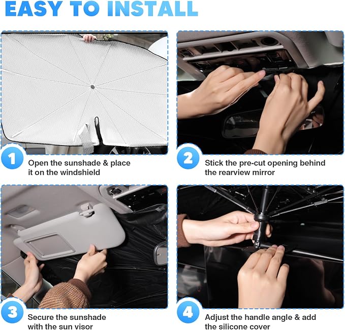 KUST Ice Crystal Sun Shade Umbrella for 2017-2026 Tesla Model Y/Juniper/Model 3/ Highland | Custom Fit Windshield Sunshade for Tesla | Foldable Sunshade with Bendable Handle | Blocks Heat & UV Rays