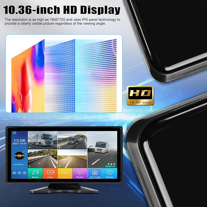 Vehicle Backup Camera for Trucks Pickups Bus Trailers Caravans 10.36-inch IPS HD Screen DVR Recording Reverse Monitor 5 Split Screen Waterproof Night Vision Stable Signal DIY Parking Lines