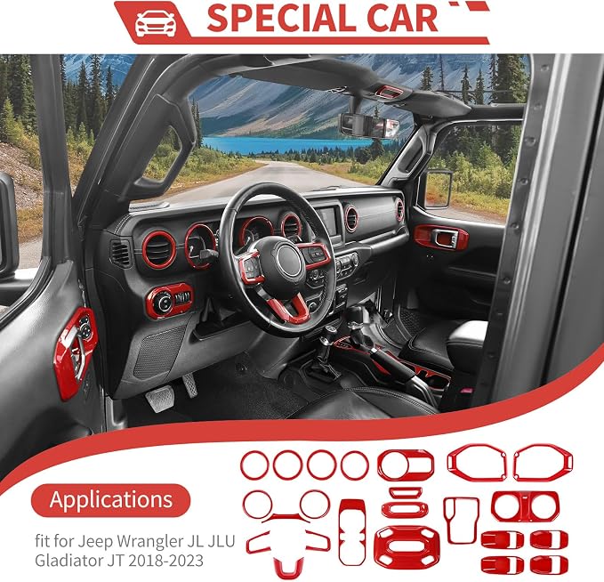 23pcs Full Set Interior Trim Kit for Jeep Wrangler JL JLU Gladiator JT 2018-2023 Steering Wheel Door Handle Air Conditioning Vent Cup Holder Reading Light Headlight Gear Cover, Red