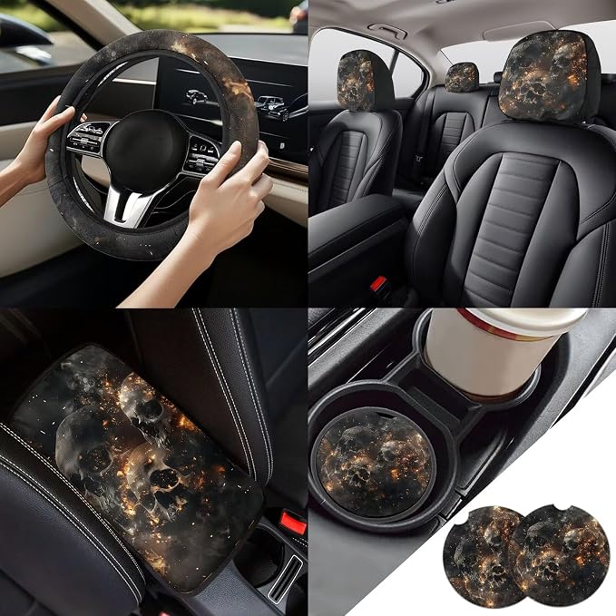 13pcs Flame Skull Print Car Seat Covers with Car Steering Wheel Covers, Armrest Pad Protectors, Seat Belt Covers and Keychain Coasters Universal Fit SUV Truck Cars Women Men Gift