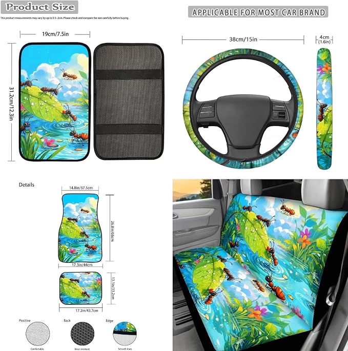 Cute Ant Print 17pcs Car Seat Covers Set Steering Cover Seat Belt Pad Carpet Floor Mat Pads Gift for Women Men 7