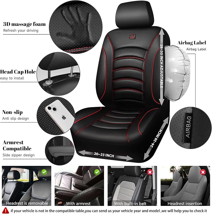 CAR PASS 3D Foam PU Leather Car Seat Covers, Universal Seat Covers Full Sets for Trucks SUV Sedan Automotive Seat Covers Armrest Airbag Compatible Waterproof Comfortable Faux Nappa Leather Black Red