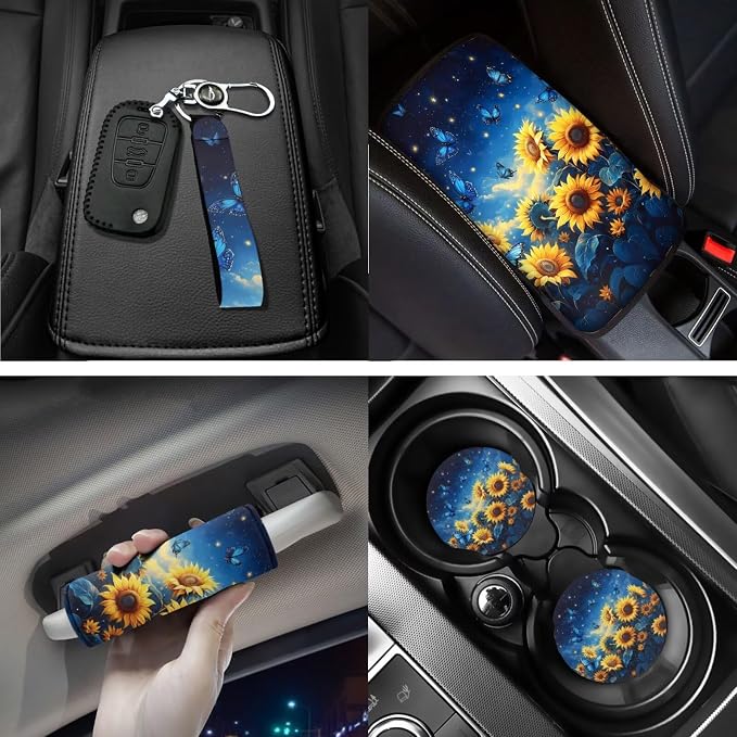 Sunflower Butterfly Print Car Seat Covers Car Floor Mats Steering Wheel Cover Armrest Pad Seat Belt Pads Roof Handle Wraps Cup Coasters Keychains Auto Interior Accessories Set of 18
