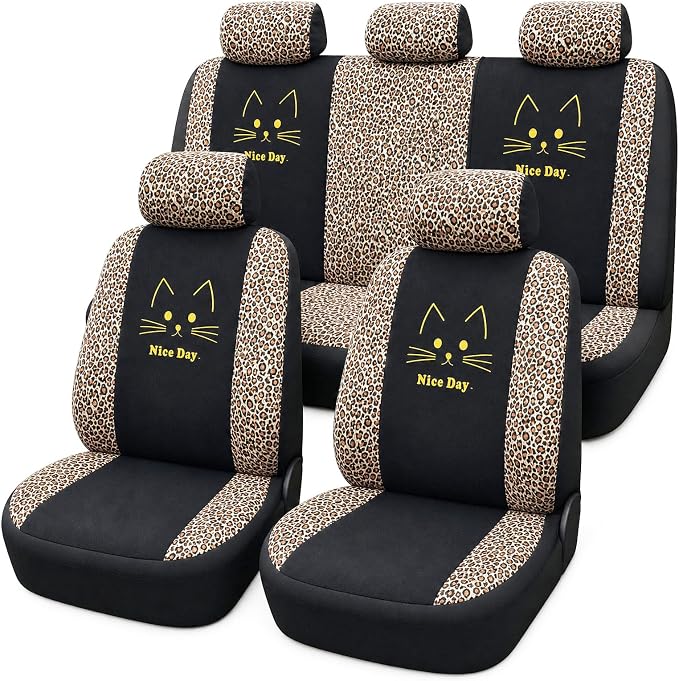 Cute Cat Leopard Print Car Seat Covers For Women, Universal Full Set (Cat) | Lovely Embroidered Cartoon Design For Daily Driving, Universal Fit For Most Cars, Soft Short Flannel With Stretch Backing