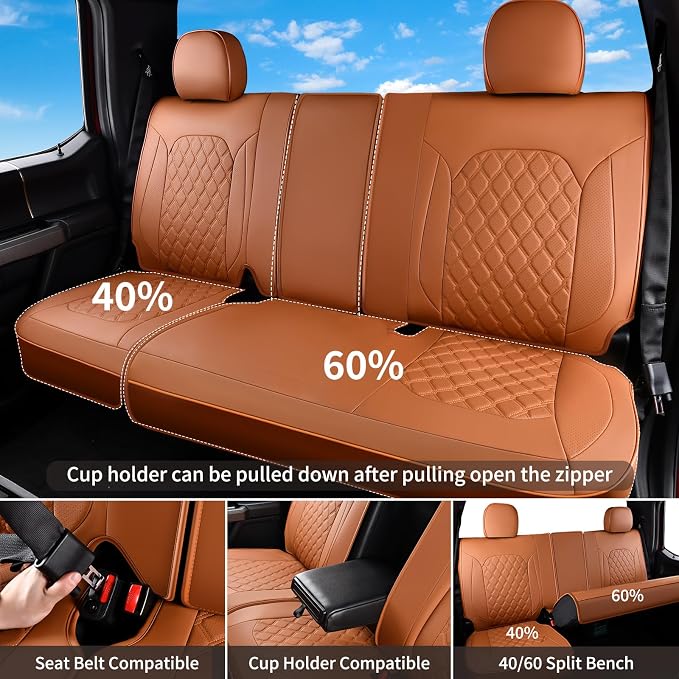 Huidasource Fit for Brown Chevy Silverado/GMC Sierra Rear Seat Covers, Thickened Split Nappa Leather Truck Back Seat Cover 2007-2013&2019-2025 1500, 2020-2025 2500HD 3500HD Crew Cab WT LS LT
