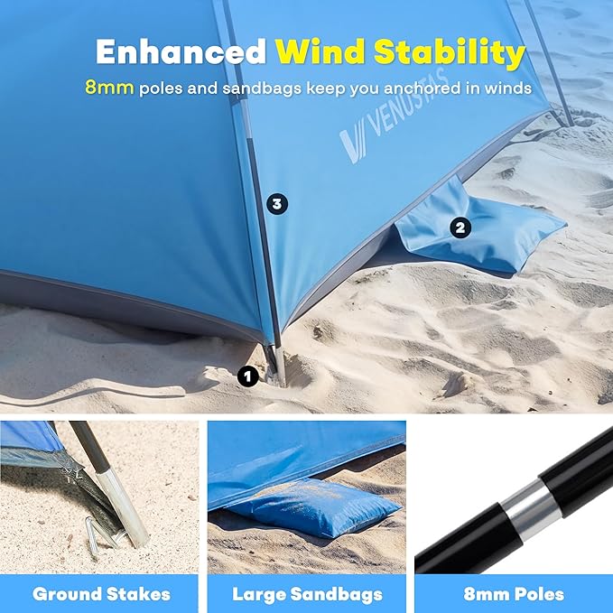 Venustas Beach Tent Sun Shelter for 3/4/6/8 Person, UPF 50+ UV Protection Beach Canopy, Lightweight and Easy Setup Cabana, Portable Shade Tent