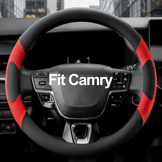 West Llama Customized Auto Car Steering Wheel Cover for Toyota Camry 2006-2026, Microfiber Leather, Anti-Slip, 14.5-15inch, Black + Red