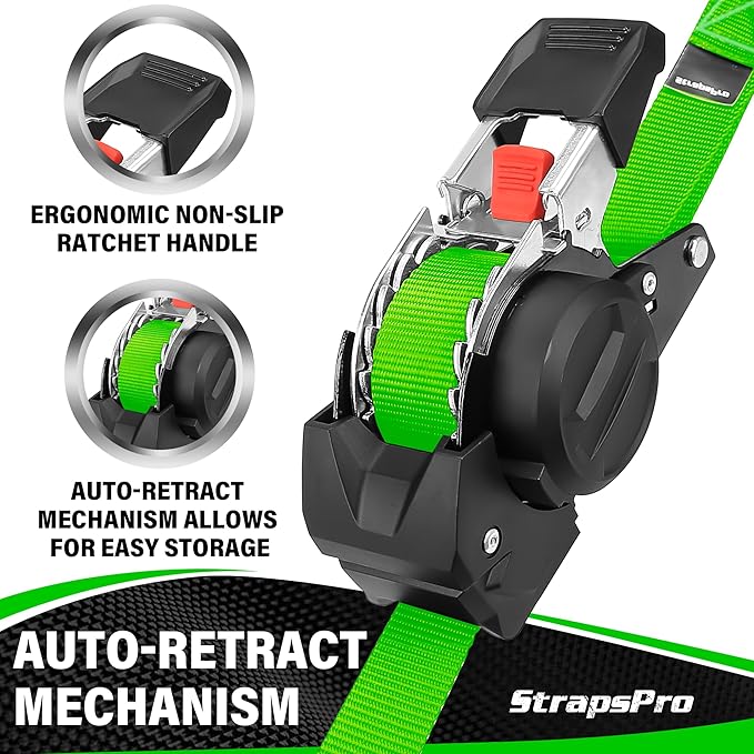 Retractable Ratchet Straps, 1763lb Break Strength Green Self Retracting Ratchet Straps Heavy Duty with Soft Loops, 1'' x 10FT Auto Tie Down Straps Easy Retract for Motorcycle, Truck, Cargo, 2 Pack