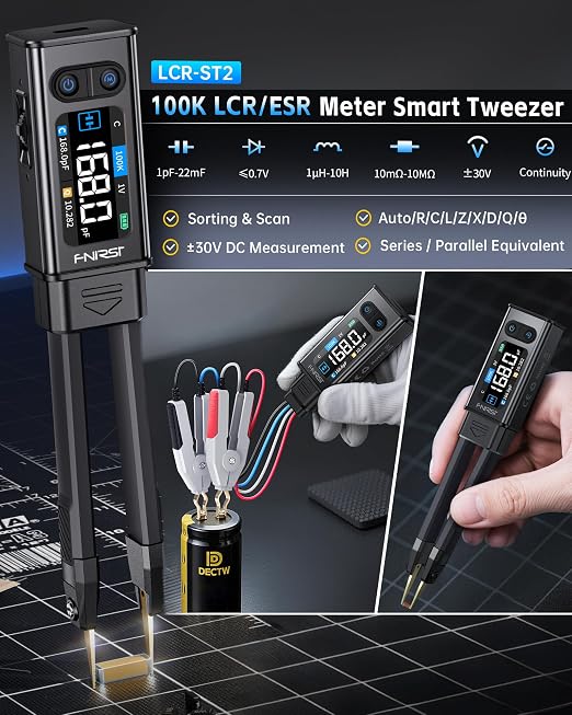 FNIRSI LCR-ST2 100kHz LCR ESR Meter Tweezer, SMD & Through-Hole Component Tester, Auto Sort Compare, Resistor, Inductor, Diode, Capacitor Tester, Measures Voltage & Continuity, Full-Band Scan