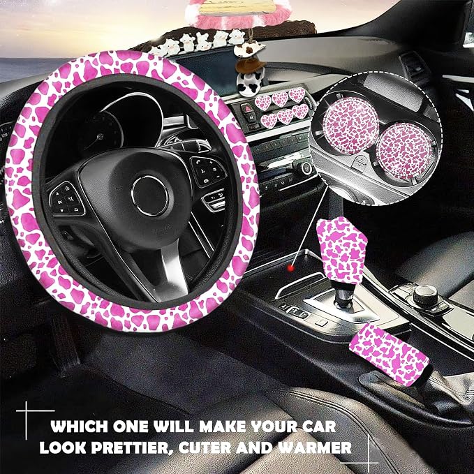 29 PCS Cow Pattern Car Accessories,Including Dashboard Decoration,Rearview Mirror Decoration,Etc,Suitable for Sedans,SUVS and Other Models,Cute Car Interior Sets Suitable for Women (Pink)