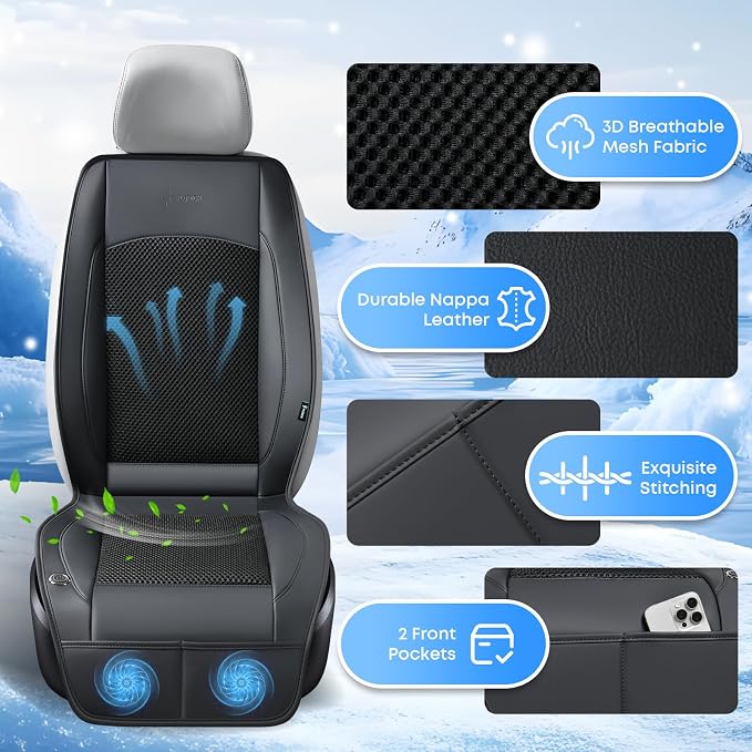 Upgraded Cooling Car Seat Cover Front Seat with Blowing&Suction, 12V-24V Ventilated Car Seat Cushion with 2 Turbo Fans, 3-Speed Adjustable Universal Fit Breathable Car Cushion for Summer Driving-Black