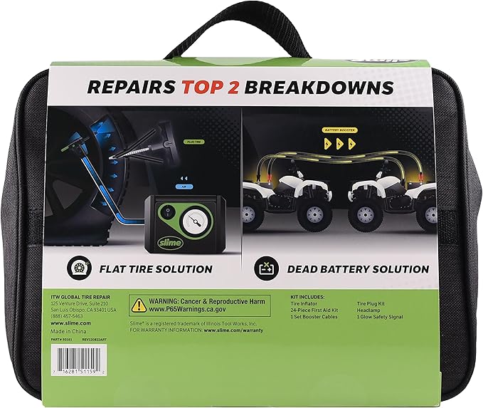 Slime 50161 Emergency Roadside Kit with Flat tire Repair and Booster Cables for Moto/Off-Road