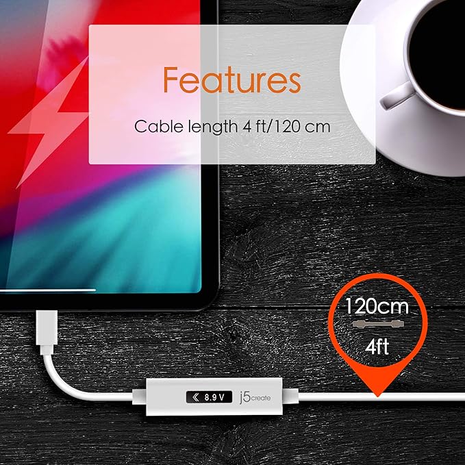 j5create USB to USB C Cable 4ft USB-A 2.0 to USB Type C with OLED Digital Dynamic Power Meter | 60W/3A/480 Mbps Max Fast Charger Cord with Power Delivery 2.0 for Cell Phone, Tablet, Game Console