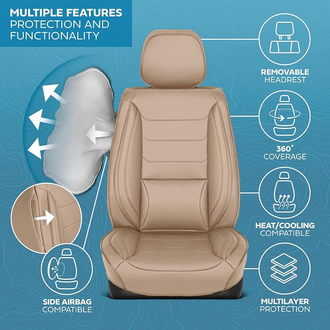 MotorBox Elite Edition Faux Leather Seat Covers for Cars, Trucks, & SUV - 2 Beige Car Seat Covers for Front Seats - Universal Fit Car Accessories Automotive Interior Cover Protector for Most Vehicles