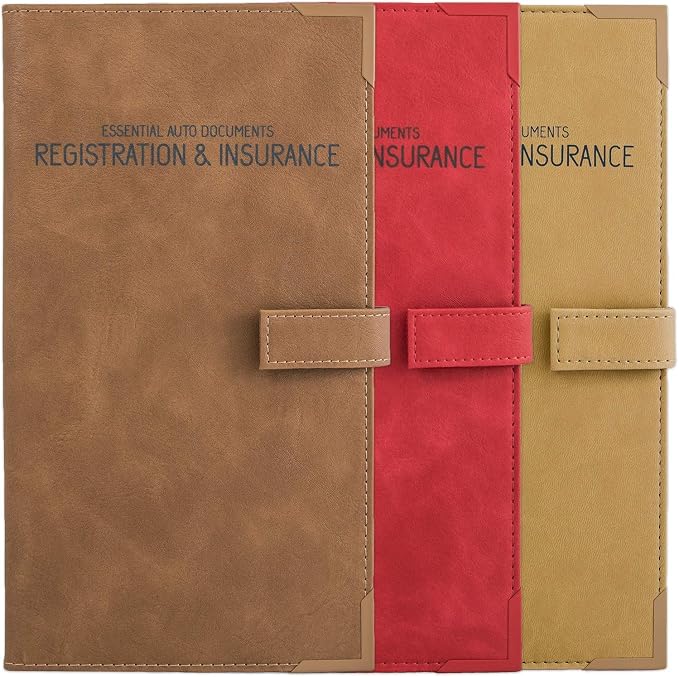 PlusXpres Auto Insurance and Registration Card Holder - Vehicle Glove Box Document Organizer - Car Essential Paperwork Holder for DMV, AAA, Contact Information Cards - BROWN + RED + BEIGE BUNDLE