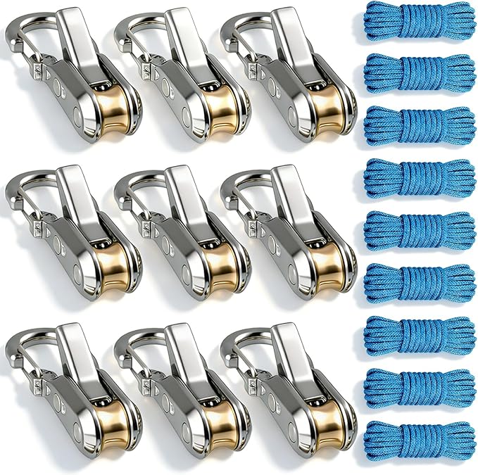 9 Pack Rope with Roller Tensioner for Easy and Secure Tying,2026 New Heavy Duty Retractable Buckle Rope with Accessory Cord for Camping Boating Home Storage Outdoor Use (Silver 9)