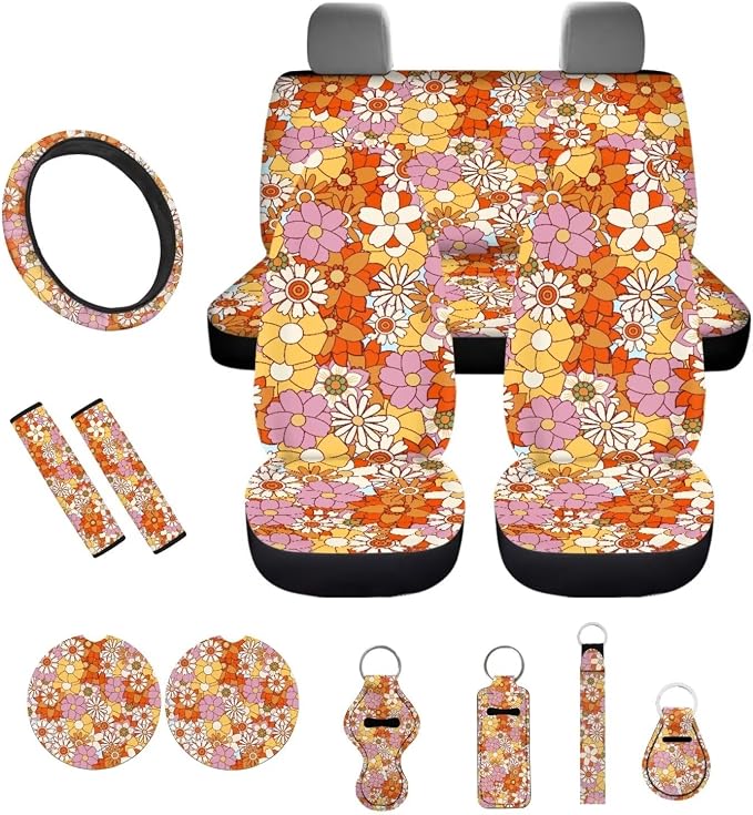 Car Seat Covers 13PCS Car Accessories Steering Wheel Covers+Seat Belt Pads+Coaster+Key Ring+Lipstick Holder Auto Interior Decor,Black, Vibrant Hippie Floral Print