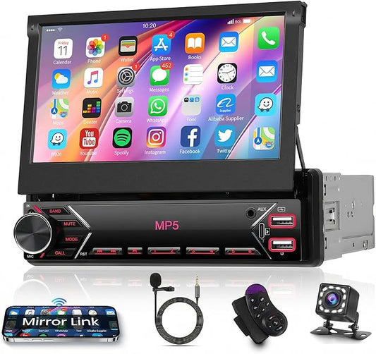7 inch Single Din Flip Out IPS Touchscreen Car Stereo, 1 Din Car Stereo with Bluetooth Car Audio Receivers, Backup Camera, FM Radio/Mirror Link/USB/AUX/TF/Type-C Fast Charging