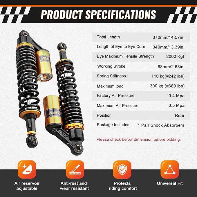 13.4 inch Universal Motorcycle Rear Air Shock Absorbers 340mm for HONDA for Suzuki for Yamaha for Kawasaki ATV Go Kart Quad Dirt Sport Bikes,Gold