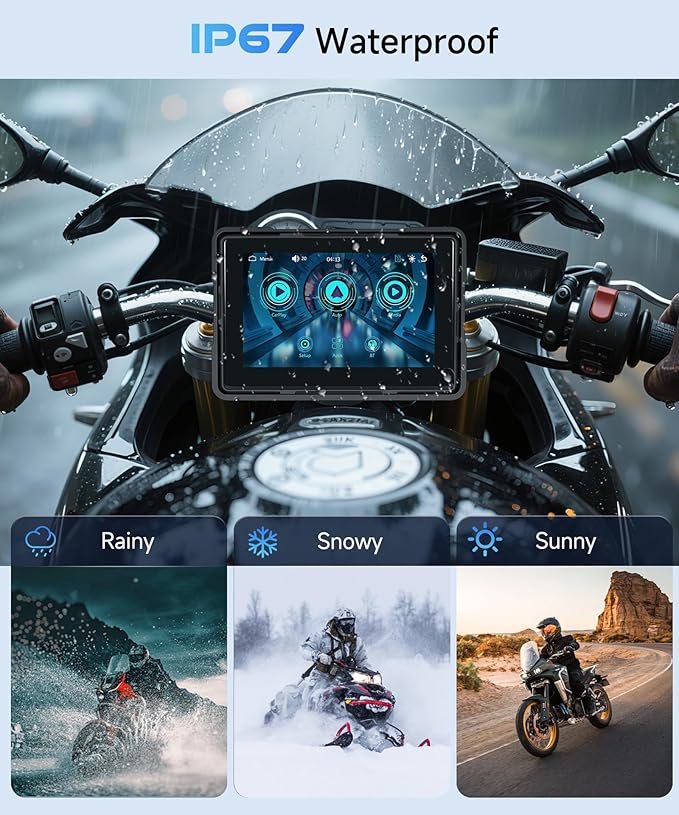 5 Inch Motorcycle Wireless CarPlay GPS Navigation System, Android Auto Portable CarPlay Screen for Motorcycle, Dual Bluetooth Car Play Moto, Si-ri, Goo-gle Assistant, IP67 Waterproof Moto Screen