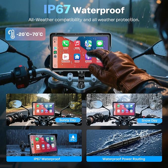 WonVon 7 Inch Wireless Motorcycle Carplay GPS Navigation System with Apple Carplay and Android Auto Portable Screen with Dual Bluetooth, Navigation, Siri, Google Assistant with Magnetic Mount