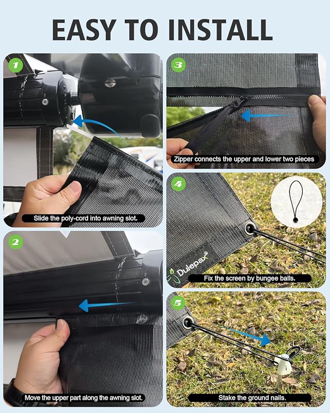 Dulepax RV Awning Sun Shade Screen with Zipper 9'X11'3'' -Second Generation RV Awning Shade Screen Significantly Improves Shadew and Privacy.Universal, Capmer Awning Shade with Complete Kits