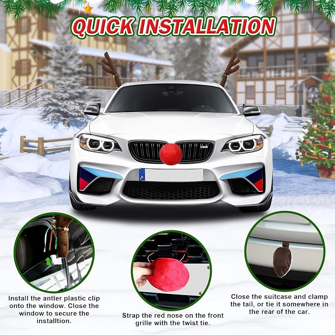 Car Reindeer Antlers & Nose Decorations - Premium Xmas Rudolph Antlers Kit with Red Nose, Tail, and Ears - Cute Auto Holiday Accessories for SUV, Van, Truck Roof Top Christmas Decorations