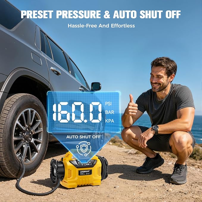 LIVOWALNY 3X Faster Cordless Tire Inflator Air Compressor Pump Compatible with Dewalt 20V Battery, 160PSI 12V DC/20V DC with Pressure Gauge & Deflator for Car, Pickup, Air Mattresses (Tool Only)