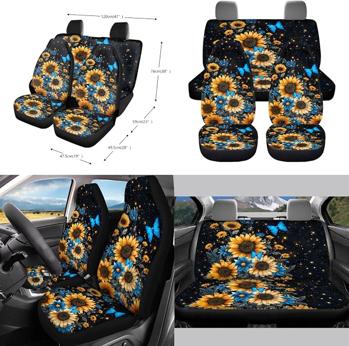Sunflower Butterfly Pattern 10 Pieces Car Accessories, Auto Seat Covers Full Set Steering Wheel Cover Cup Holders Car Garbage Can Air Vent Storage Bag Keychains Universal Fit for Most Cars