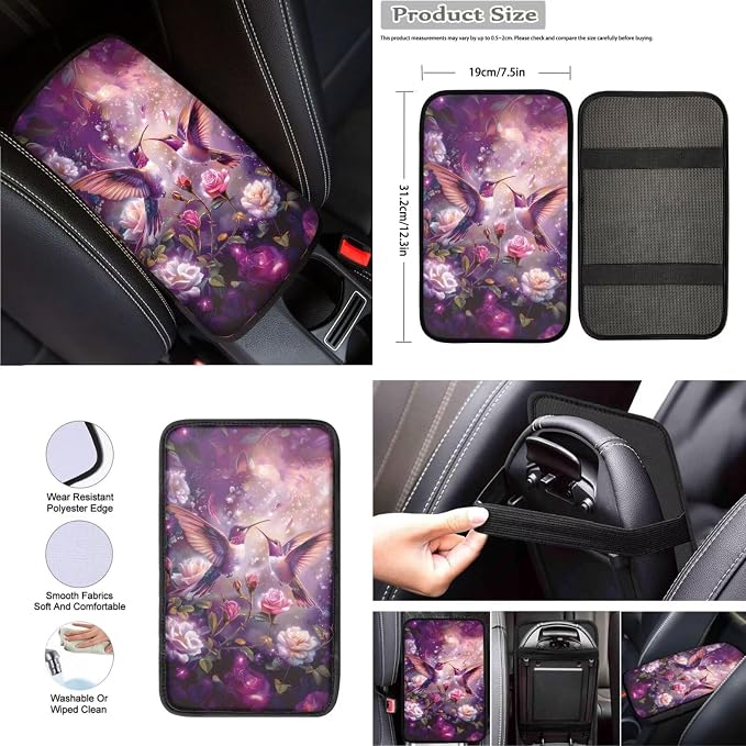 8 Pcs Hummingbird Rose Print Car Interior Accessories for Women, Car Seat Covers with Auto Steering Wheel Cover, Auto Center Console Pad, Seat Belt Covers, Automotive Decorations