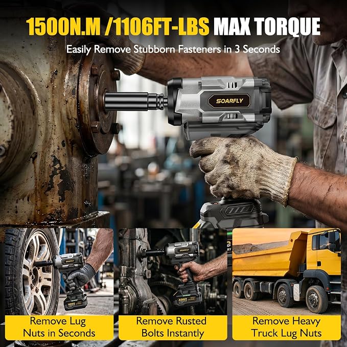SOARFLY 1/2" Cordless Impact Wrench, 1500N.m (1106 Ft-Lbs) High Torque, 21V Brushless Impact Gun with 2x 4.0Ah Batteries, Variable Speed, LED Light, 5 Sockets for Truck RV Car Heavy Construction