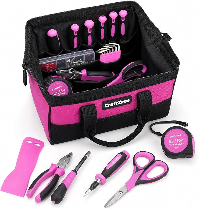 CRAFTZINE 231PCS Pink Tool Kit for Home and Auto Repair, Portable Tool Bag with Wide Mouth Storage | Mechanic Hand Tool Set for Women - Pink Ribbon Design | Pink Ribbon Design