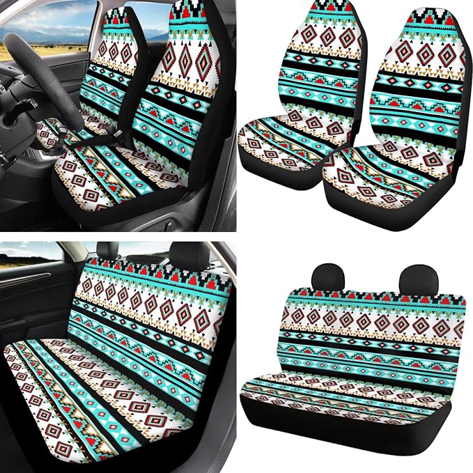 Howilath Universal Fit Aztec African Tribal Car Seat Cushion Cover Interior Protector 13 Piece with Auto Steering Wheel Pads, Seat Belt Cushion, Keychains, Cup Mat, Easy to Install
