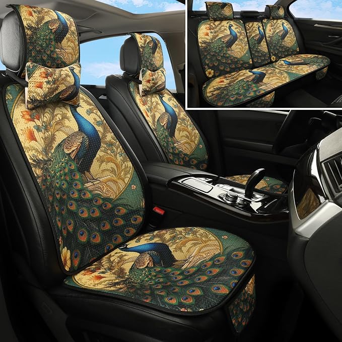 Car Seat Covers Set, 5 - Seat Full Set with Headrest,Peacock Honeycomb Knit Fabric, Breathable & All - Season Universal Automotive Seat Protectors