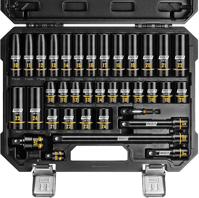 BOEN 1/2" Drive Impact Socket Set, 36-Piece Metric (10-24mm) Deep & Standard Socket with Paint-Filled Markings, Includes Extensions, Adapter & Universal Joint