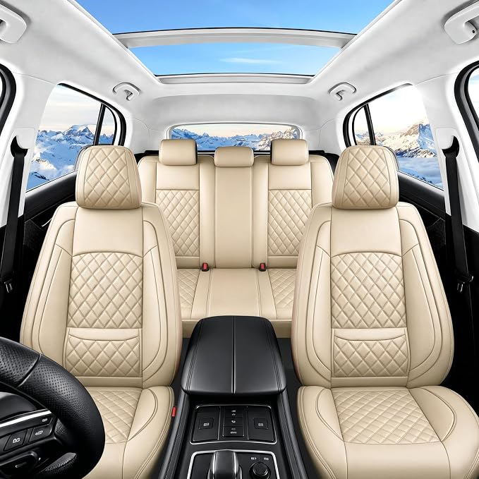 Fit Edge Car Seat Covers for Ford Edge 2007-2025 2026 - Luxury Leather, Anti-Slip, All-Weather, Waterproof & Breathable, Airbag Compatible, 2 Front Seats Only (Beige)
