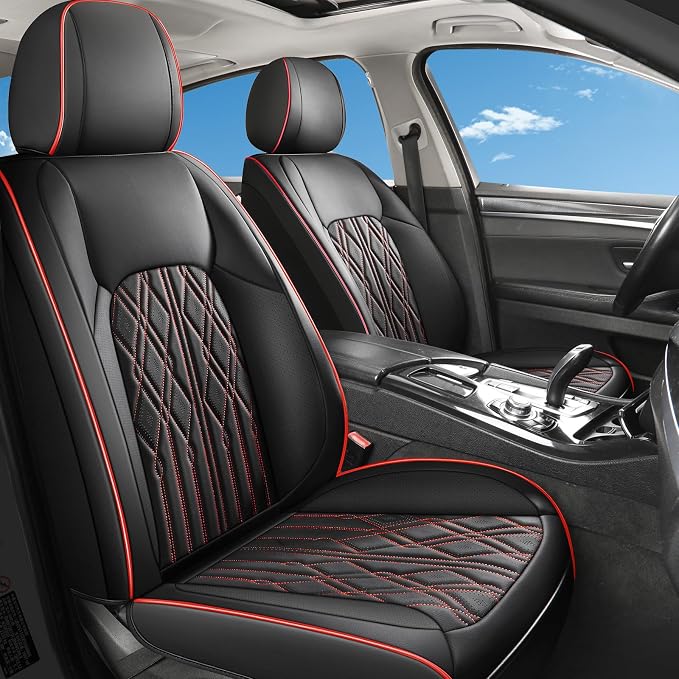 Huidasource Car Seat Covers Full Set, Leather Seat Cover Universal Fit for Most Cars Sedans SUVs Trucks, Airbag Compatible, Cup Holder Access, Easy Install, Wipes Clean, Wear-Resistant, Black&Red
