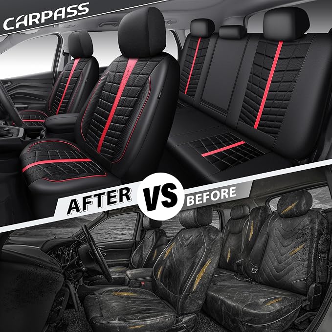 CAR PASS Leather Mesh Car Seat Covers Full Set, 3D Foam Breathable Luxury Mesh Leather Seat Covers Full Set, Universal Fit for Cars Trucks SUV, Airbag Compatible, Anti Slip Seats 5 Black Red