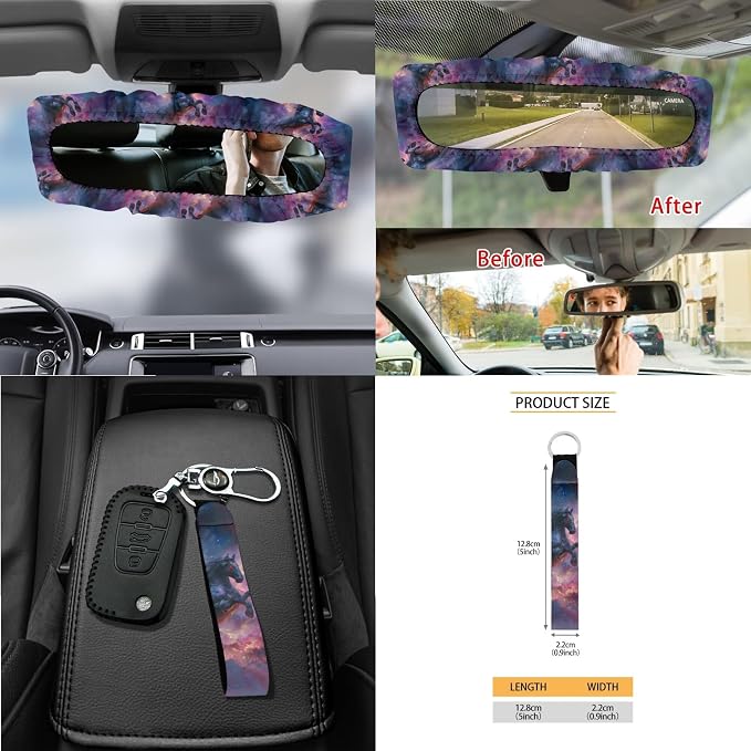 Horse Clouds Print Car Accessories Full Set of 15 Car Seat Covers Steering Wheel Cover Air Vent Storage Holder Seatbelt Strap Pad Cup Coasters Rear View Mirror Cover Keychain