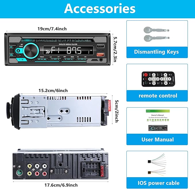 Single Din Car Stereo with CD/DVD Player – Upgrade Your Classic Car with Bluetooth, USB, AUX, SD Card, FM, MP3, Selectable RCA Output, Apple & Android Compatible