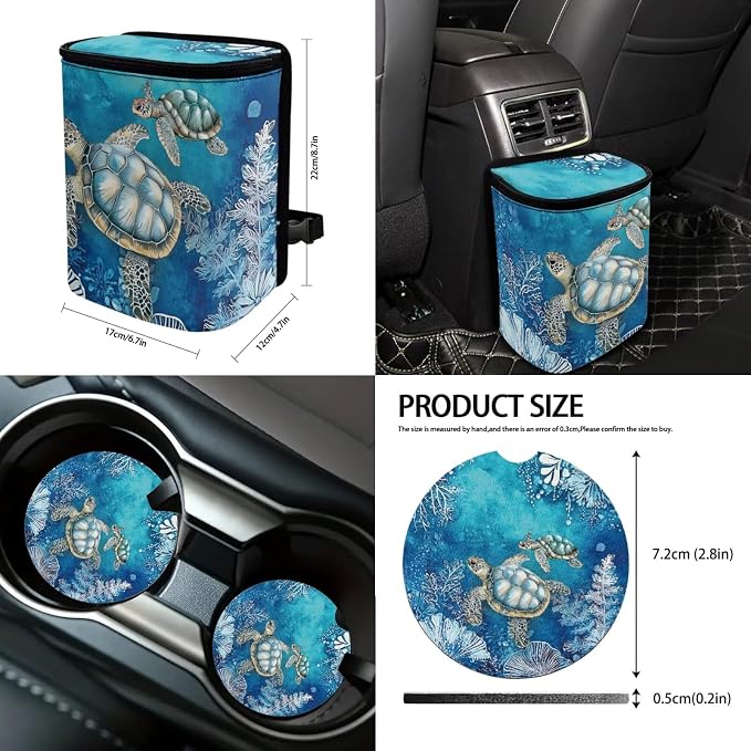 Suobstales Turtle Water Plants Print Car Accessories Car Seats Cover Protector, Steering Wheel Covers, Seatbelt Cover, Car Trash Can, Cup Coasters, Rearview Mirror Cover, Keychains, Pack of 13
