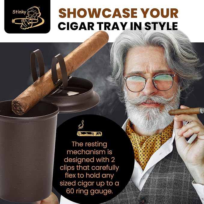 Stinky Cigar Car Ashtray, Matte Brown | Premium Stainless Steel Ashtray Cup with Spring Clip Mechanism for All Cigar Sizes - Perfect On The Go Accessory for Cigar Enthusiasts and Automobiles