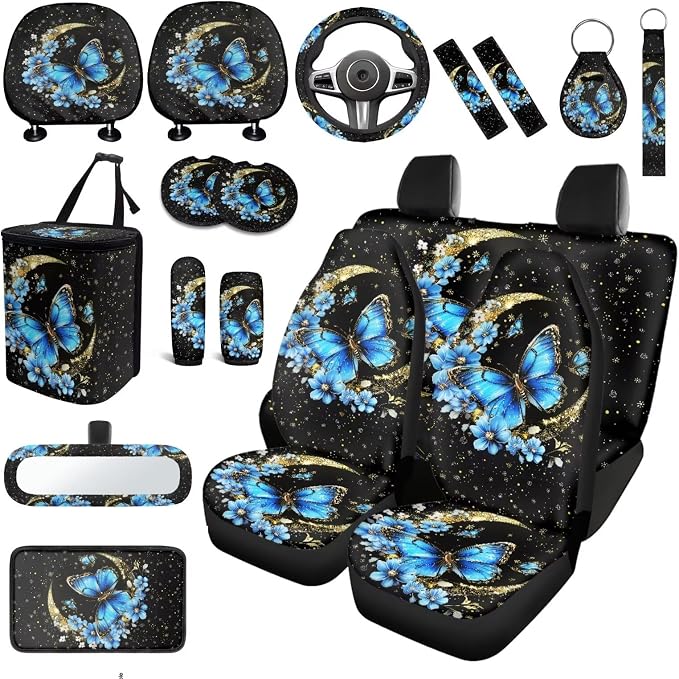 Butterfly Moon Car Seat Covers Full Set 18 Pieces Universal Car Interior Accessories Set with Blue Butterfly Flower Print Car Seat Belt Pads Cover Car Headrest Covers Cup Coasters Keychain