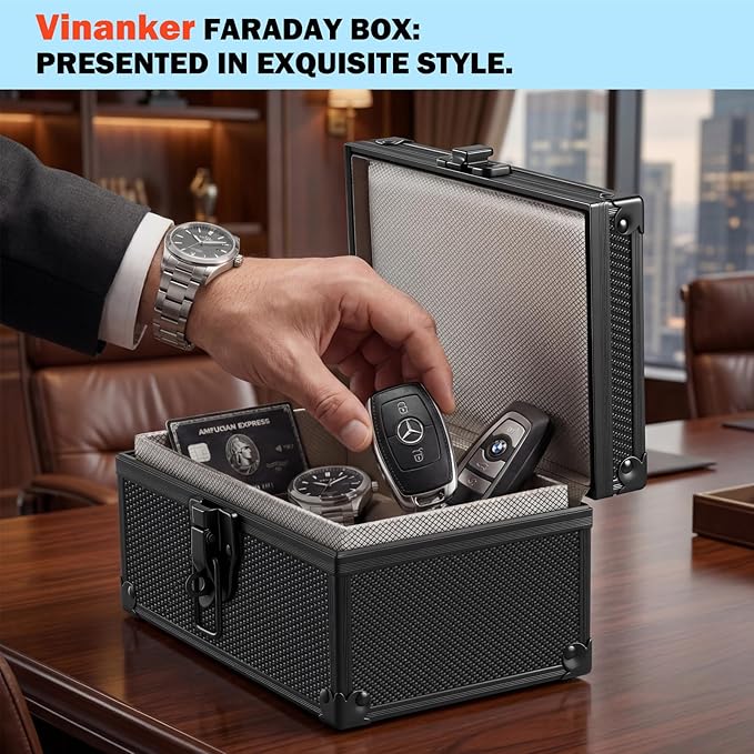 Faraday Box for Car Keys, Car Key Fob Signal Blocker RFID Blocking Protector, Secure Anti-Theft Shielding Cage for Keyless Entry (Black Striated)