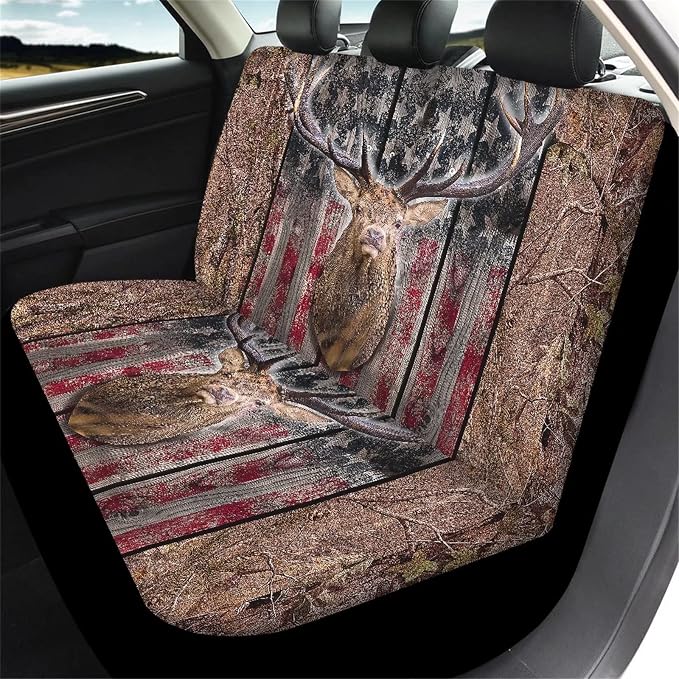 Xoenoiee 11 Pack Hunting Deer Camo American Flag Print Auto Accessories Car Seat Covers Full Set for Front & Rear Seat, SUV Car Steering Wheel Cover, Seat Belt Cover, Cup Coasters, Key Chains