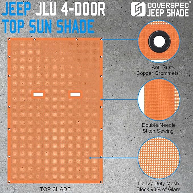JL Top Sun Shade Roof Compatible with Jeep Wrangler 2 or 4 Door 2018 to 2023 Sunshade Sunroof Cover Blocks UV Wind Noise Orange Mesh for Full Length