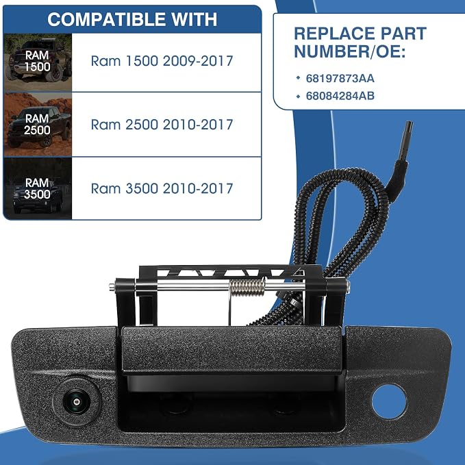 Tailgate Handle Backup Camera Fit for Dodge RAM 1500 2009-2017,Fit for Dodge RAM 2500 3500 2010-2017 Tailgate Reversing Rear View Park Assist Camera RCA Plug Replaces 68084284AB